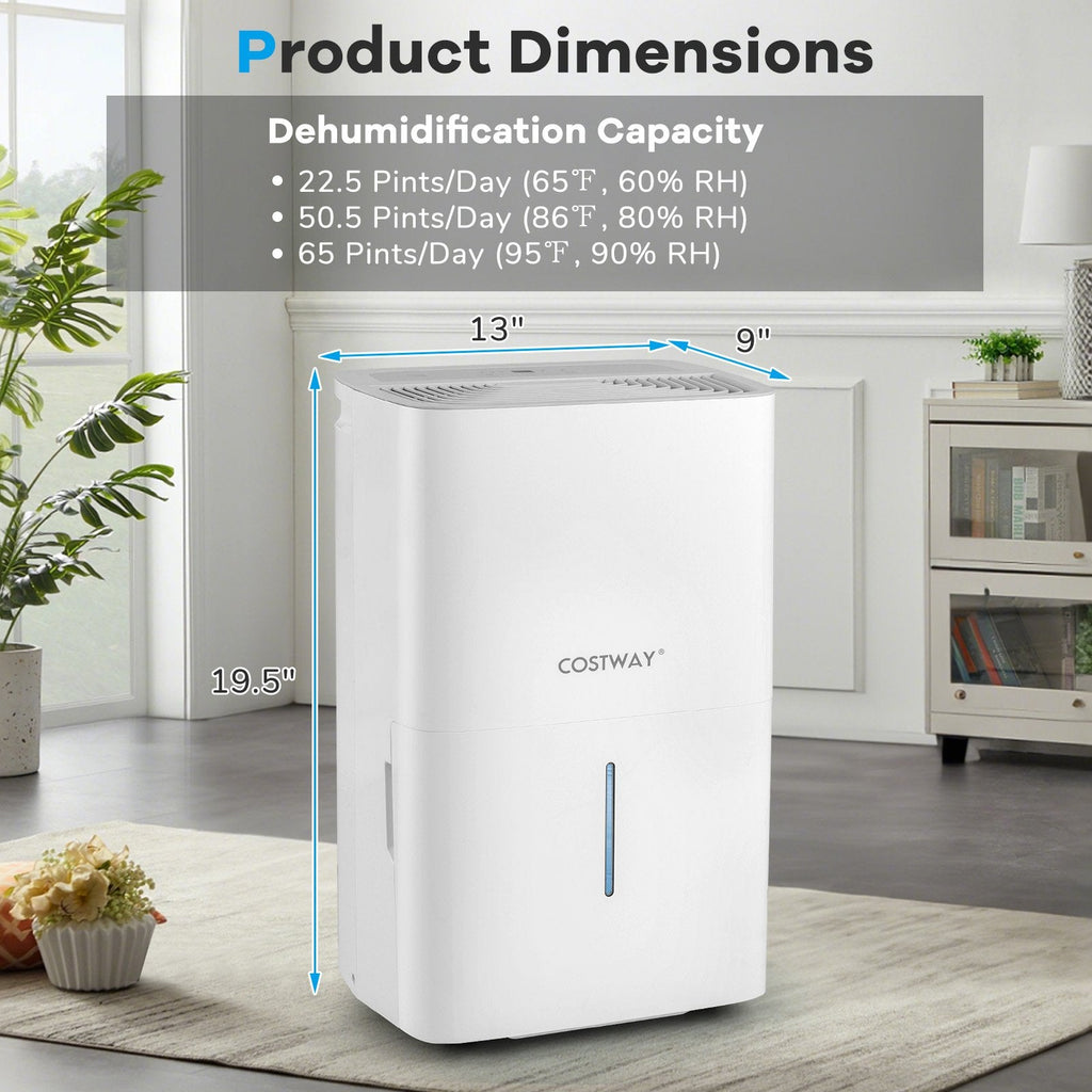 65 Pint ENERGY STAR Dehumidifier, 22.5 Pints DOE, 5000 Sq Ft, 1.4 Gallon Tank, 43 dB, White