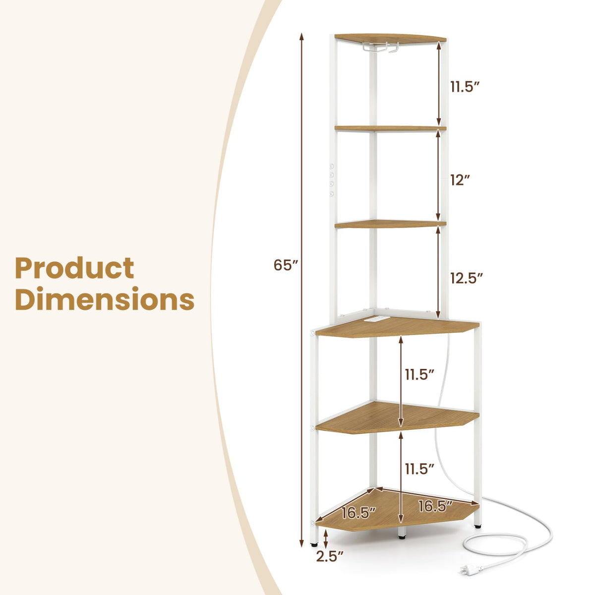 65 Inch 6-Tier Corner Shelf with Charging Station and Ambience Light-Natural