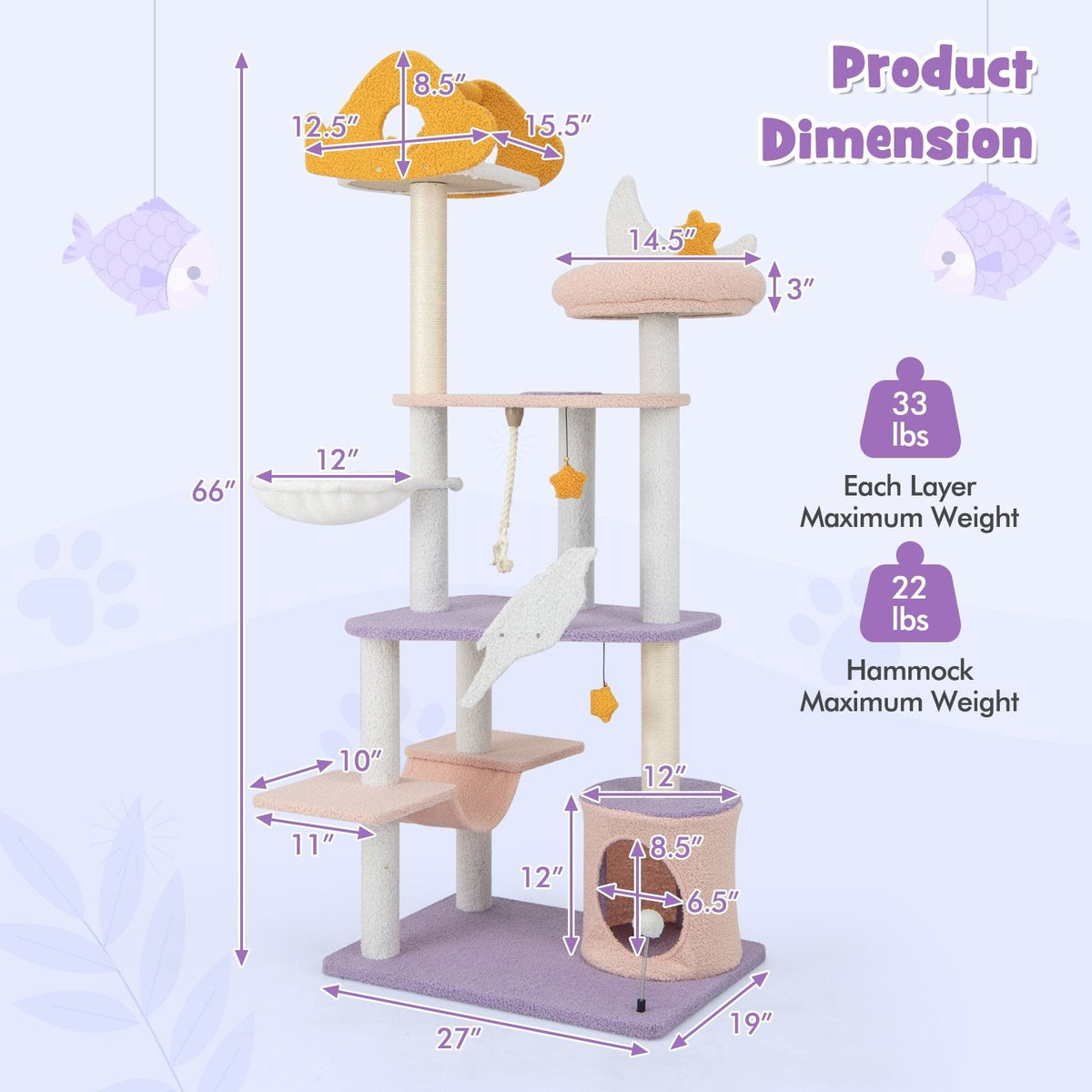 66 Inch Cat Tree with a Plane Perch, Cloud Platforms, Hammock and Condo