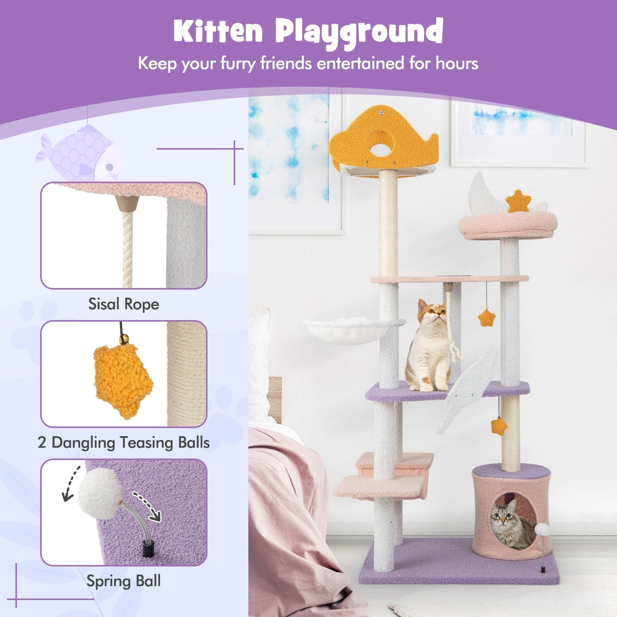 66 Inch Cat Tree with a Plane Perch, Cloud Platforms, Hammock and Condo