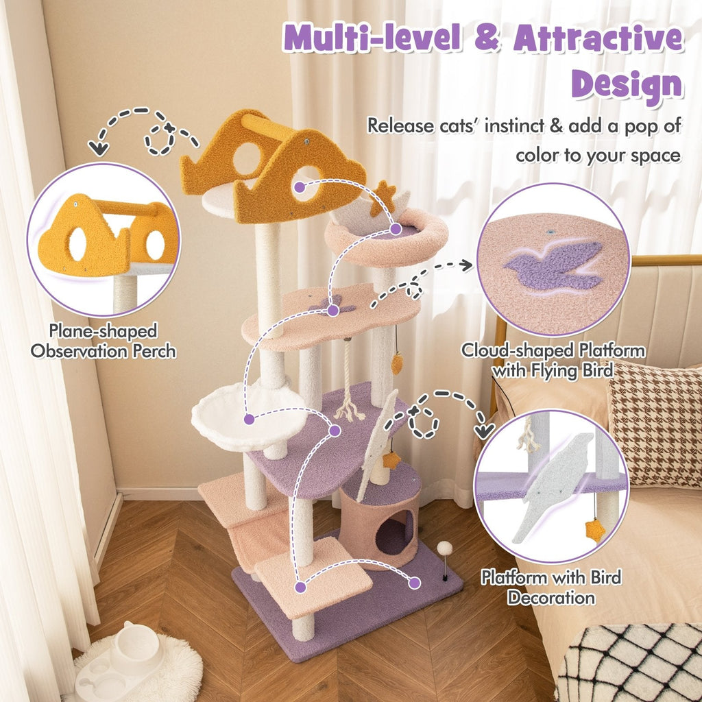 66 Inch Cat Tree with a Plane Perch, Cloud Platforms, Hammock and Condo