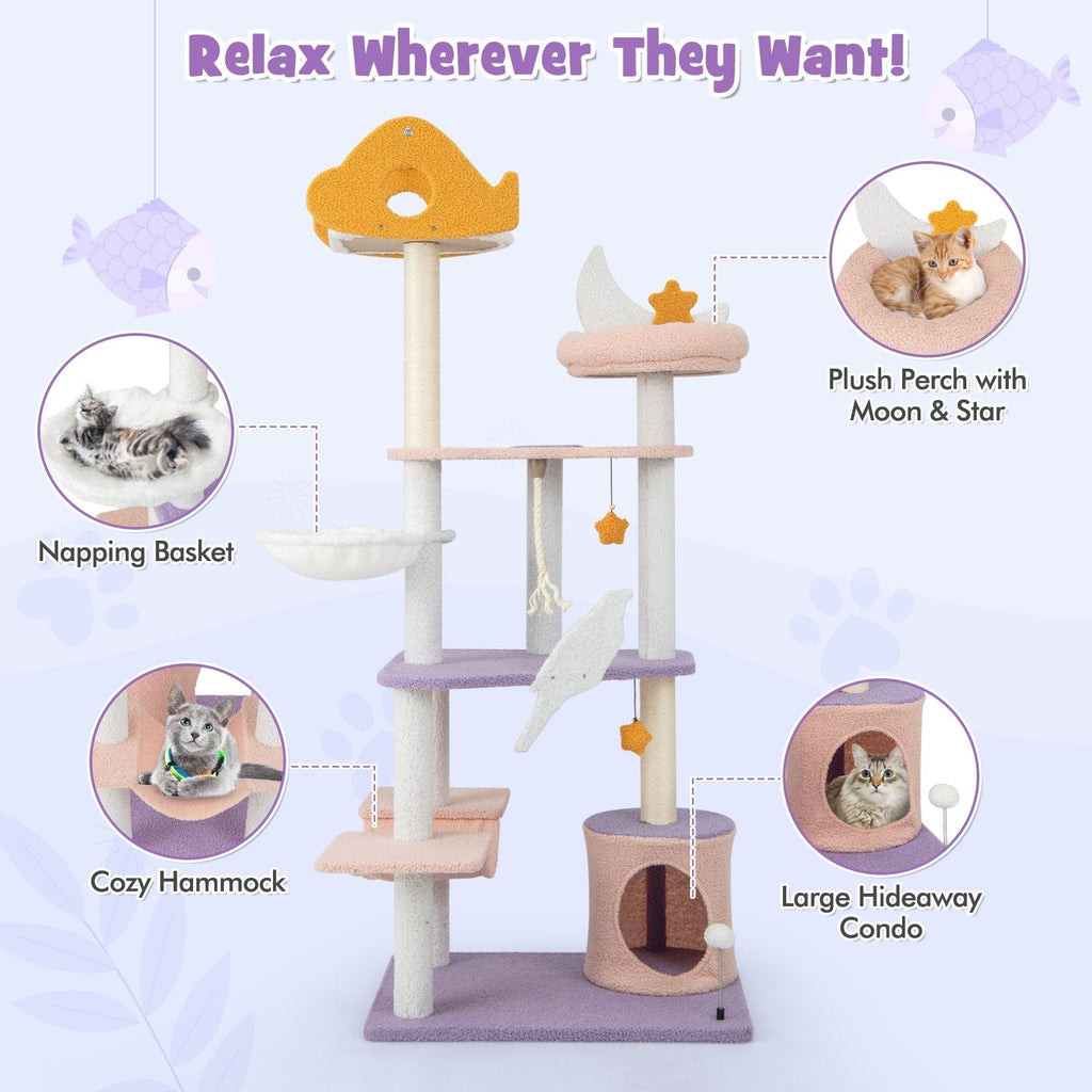 66 Inch Cat Tree with a Plane Perch, Cloud Platforms, Hammock and Condo