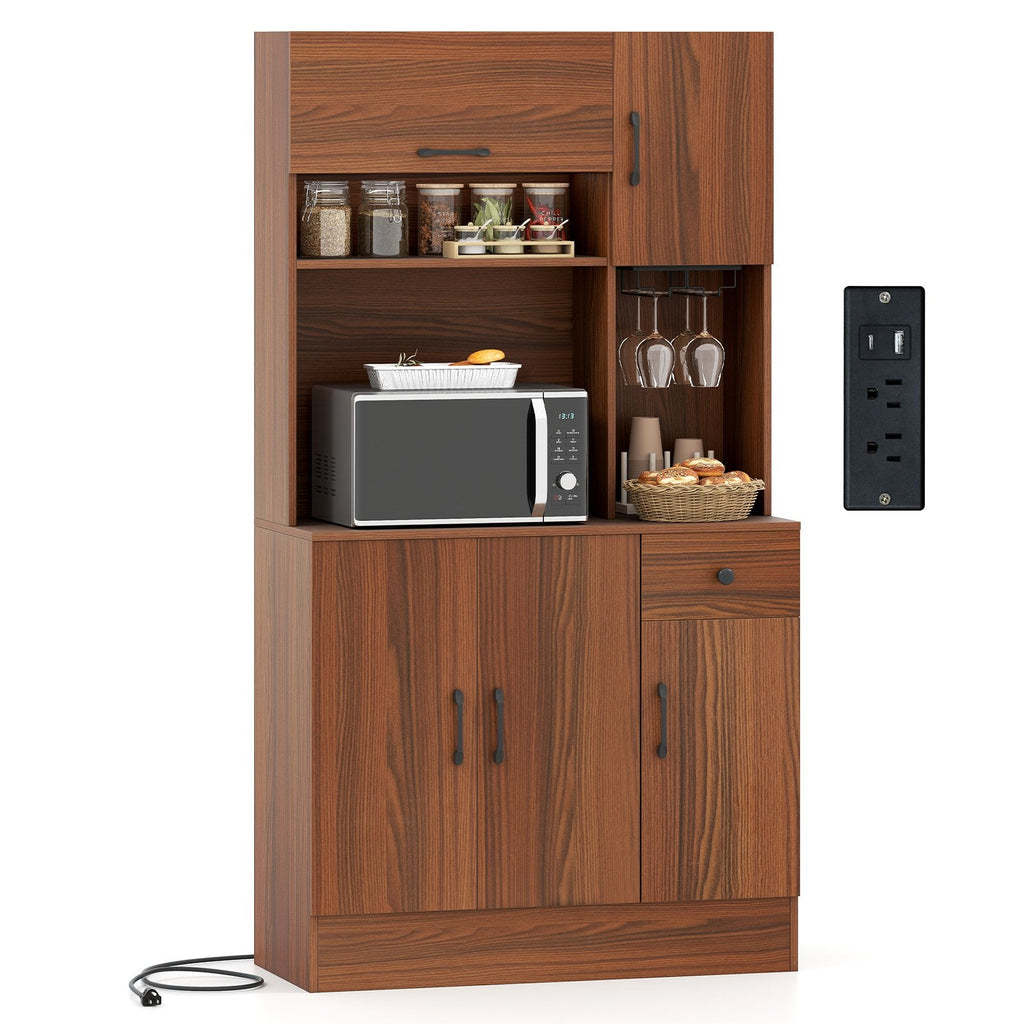 66 inch Pantry Cabinet with Charging Station and Microwave Stand-Brown