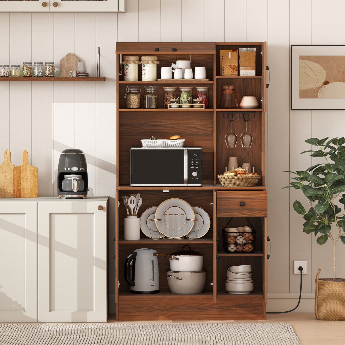 66 inch Pantry Cabinet with Charging Station and Microwave Stand-Brown