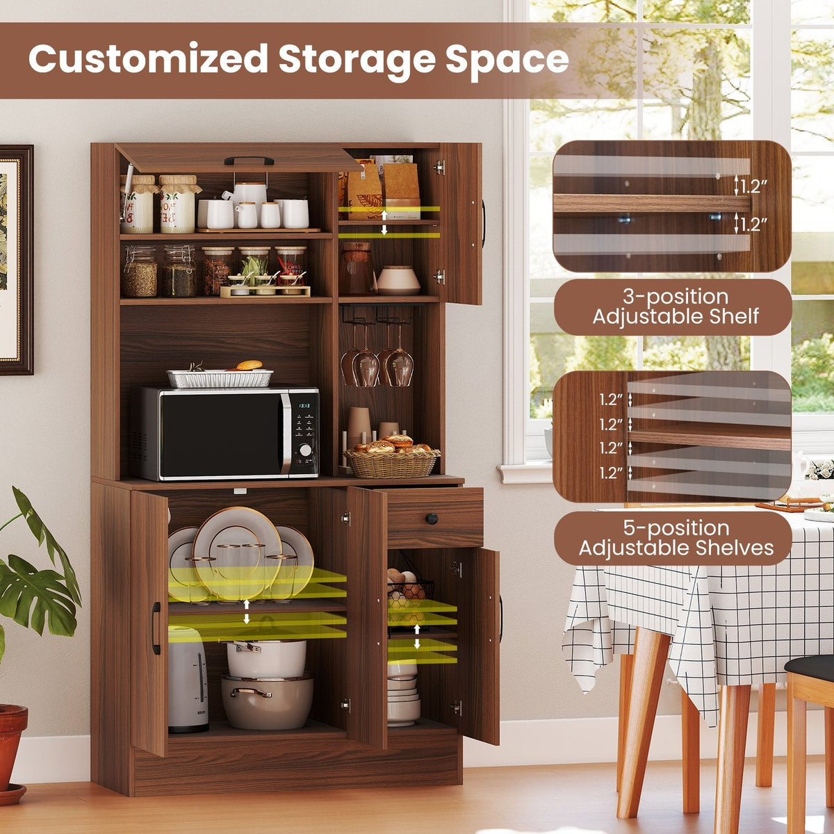 66 inch Pantry Cabinet with Charging Station and Microwave Stand-Brown