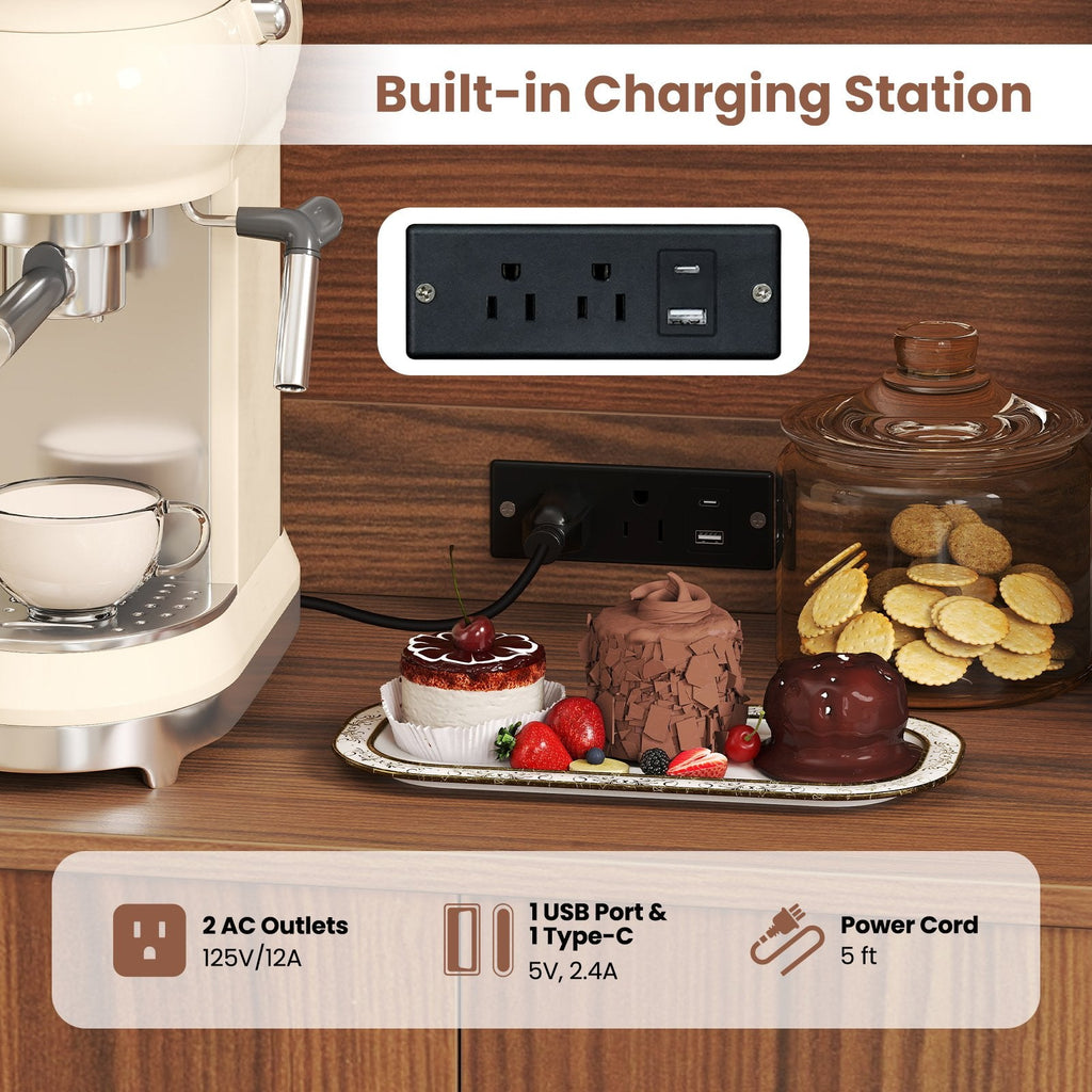 66 inch Pantry Cabinet with Charging Station and Microwave Stand-Brown