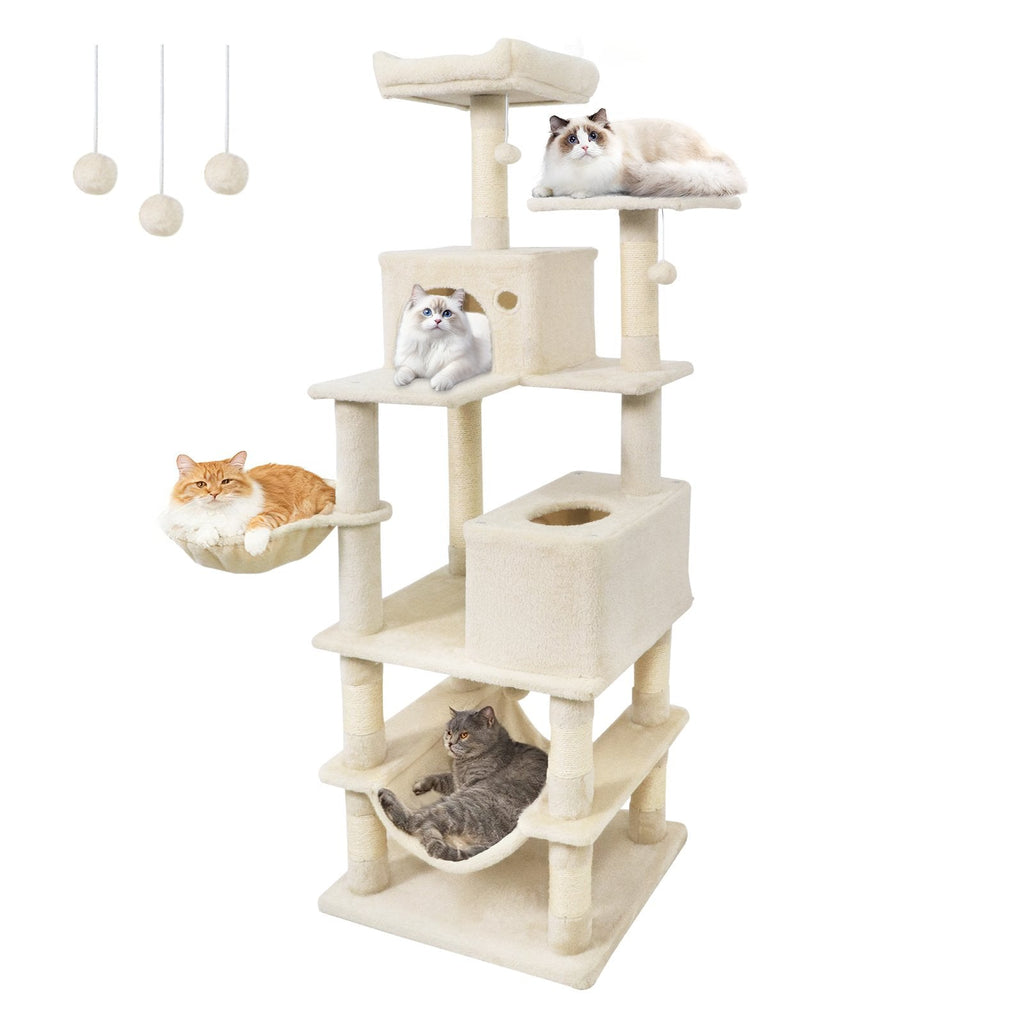 66 Inch Cat Tree with Two Condos, Eleven Sisal Posts and a Turning Basket