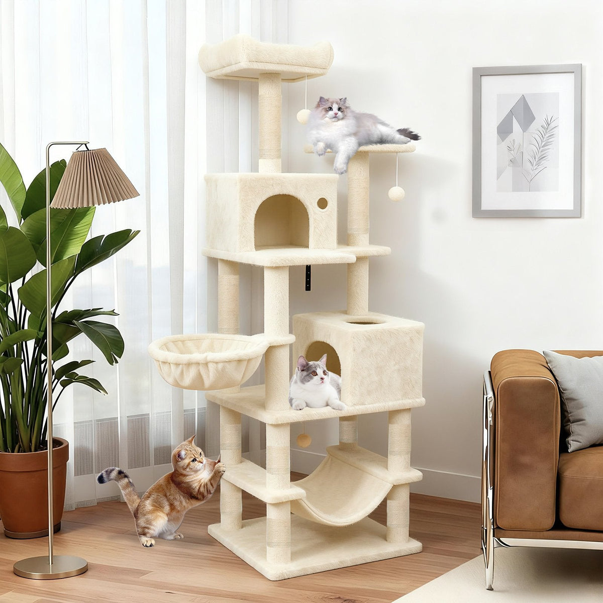 66 Inch Cat Tree with Two Condos, Eleven Sisal Posts and a Turning Basket
