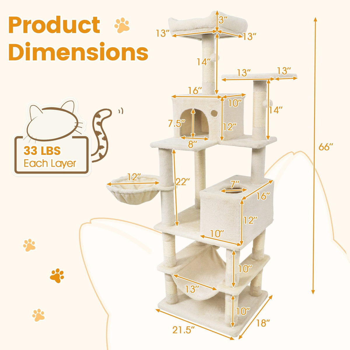66 Inch Cat Tree with Two Condos, Eleven Sisal Posts and a Turning Basket