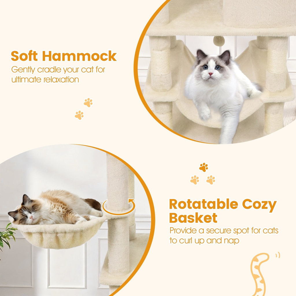66 Inch Cat Tree with Two Condos, Eleven Sisal Posts and a Turning Basket