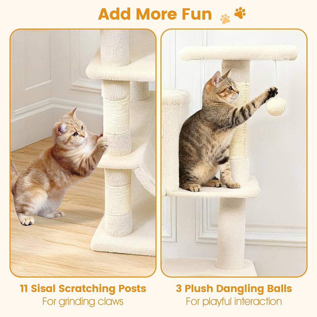 66 Inch Cat Tree with Two Condos, Eleven Sisal Posts and a Turning Basket