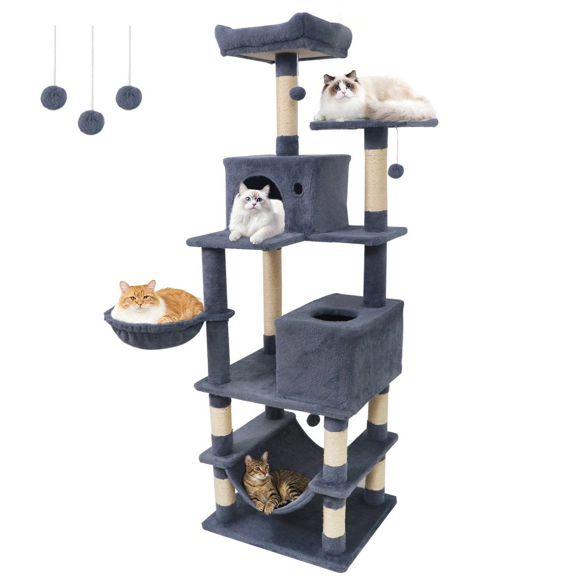 66 Inch Dark Grey Cat Tree with Two Perches, Two Condos and a Hammock