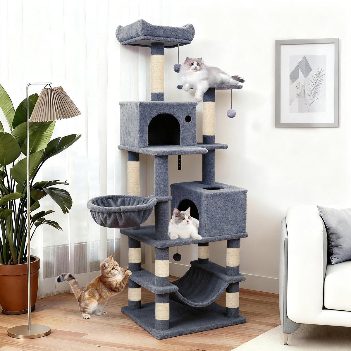 66 Inch Dark Grey Cat Tree with Two Perches, Two Condos and a Hammock