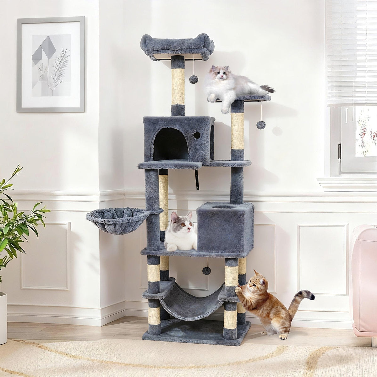 66 Inch Dark Grey Cat Tree with Two Perches, Two Condos and a Hammock