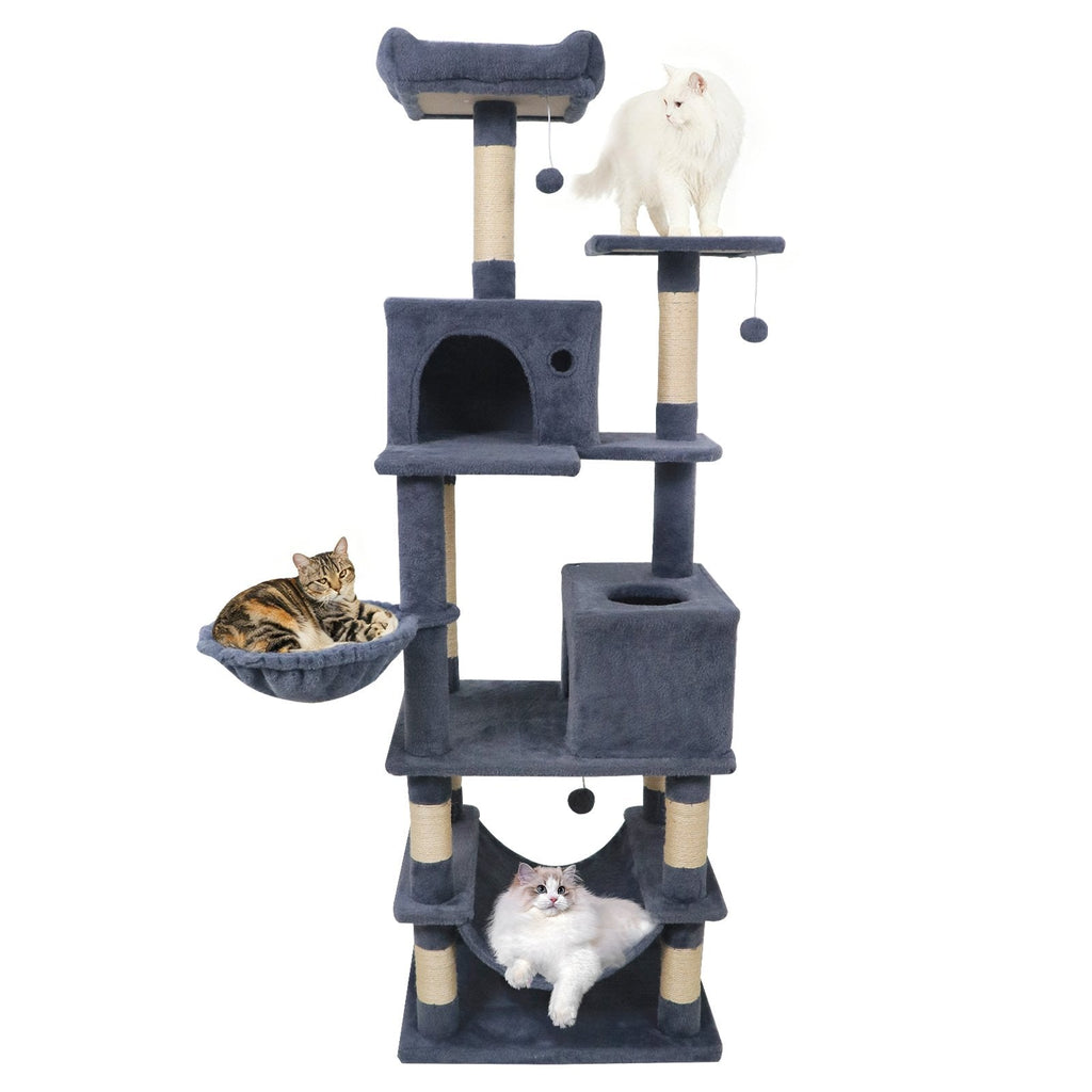 66 Inch Dark Grey Cat Tree with Two Perches, Two Condos and a Hammock