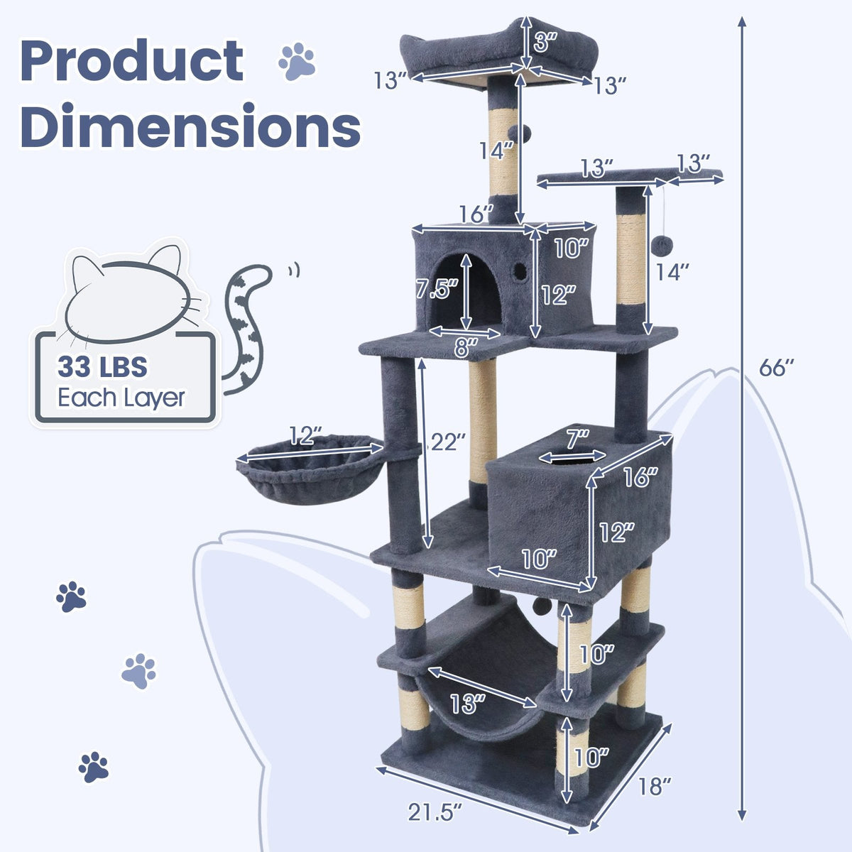 66 Inch Dark Grey Cat Tree with Two Perches, Two Condos and a Hammock