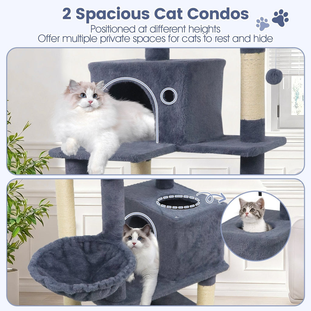 66 Inch Dark Grey Cat Tree with Two Perches, Two Condos and a Hammock