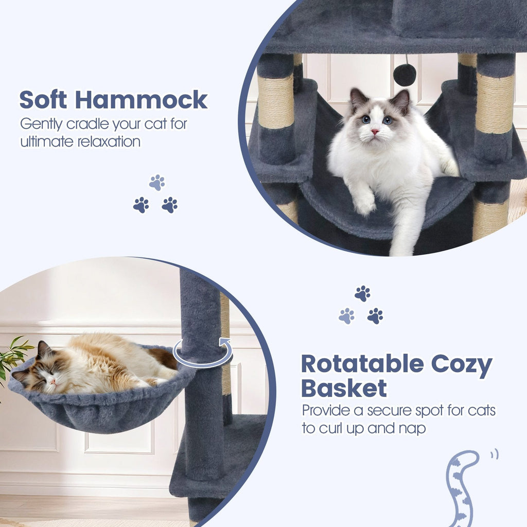 66 Inch Dark Grey Cat Tree with Two Perches, Two Condos and a Hammock