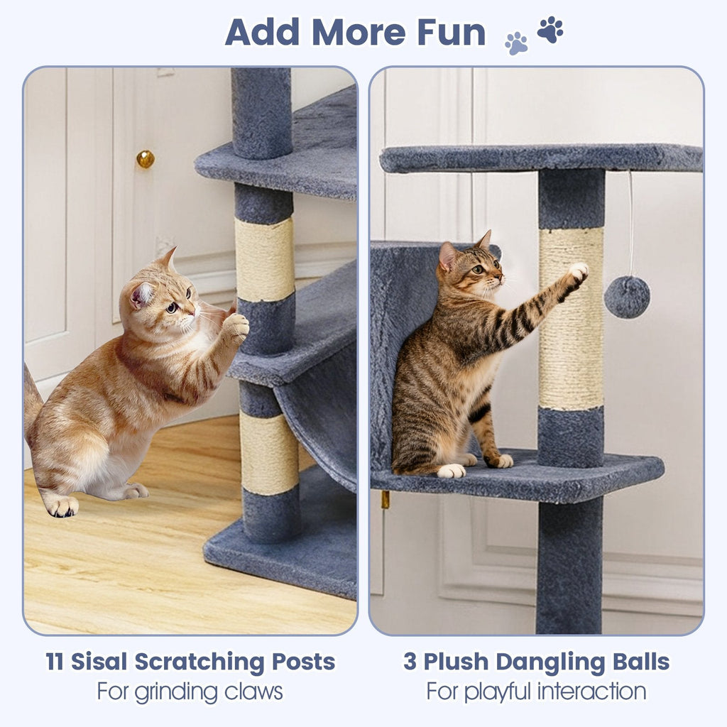 66 Inch Dark Grey Cat Tree with Two Perches, Two Condos and a Hammock