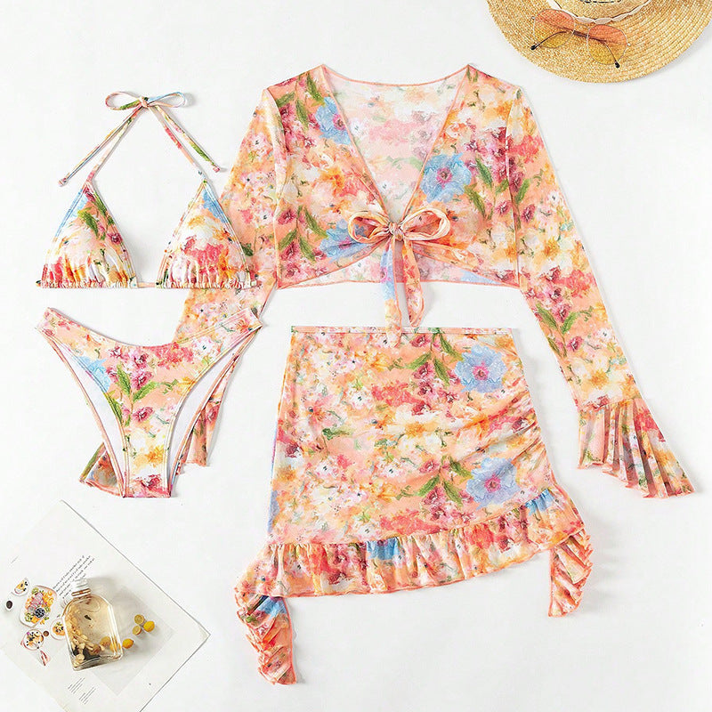 New European And American Printing Stylish Beach Dress Bikini Four-piece Suit