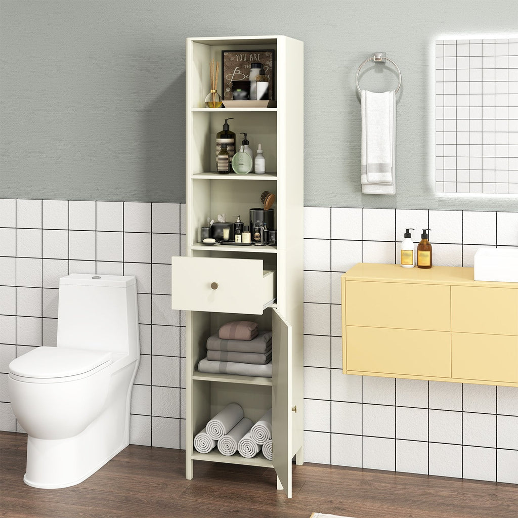 67 Inch Tall Bathroom Cabinet, Narrow Floor Cabinet with Fluted Door-Beige