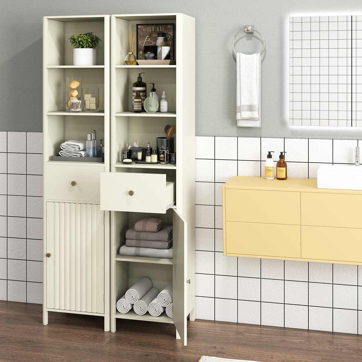 67 Inch Tall Bathroom Cabinet, Narrow Floor Cabinet with Fluted Door-Beige
