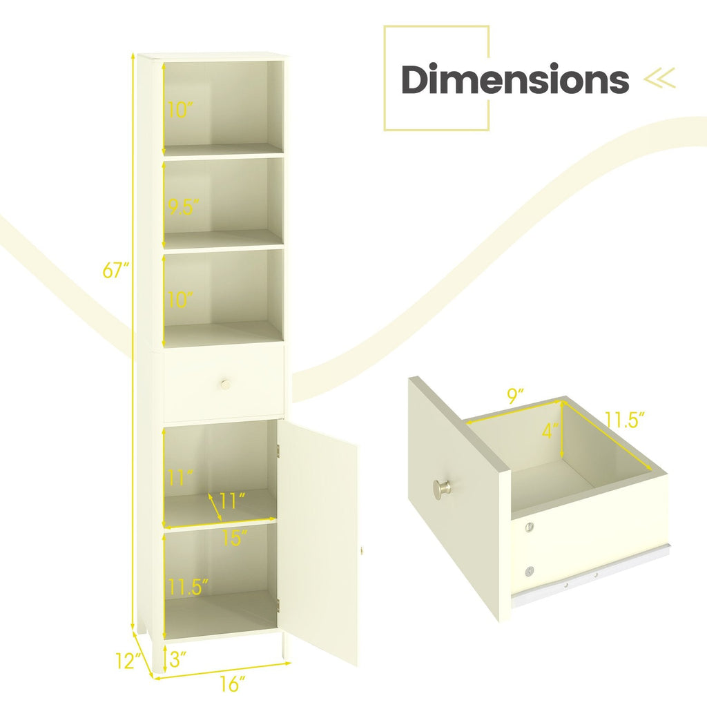 67 Inch Tall Bathroom Cabinet, Narrow Floor Cabinet with Fluted Door-Beige