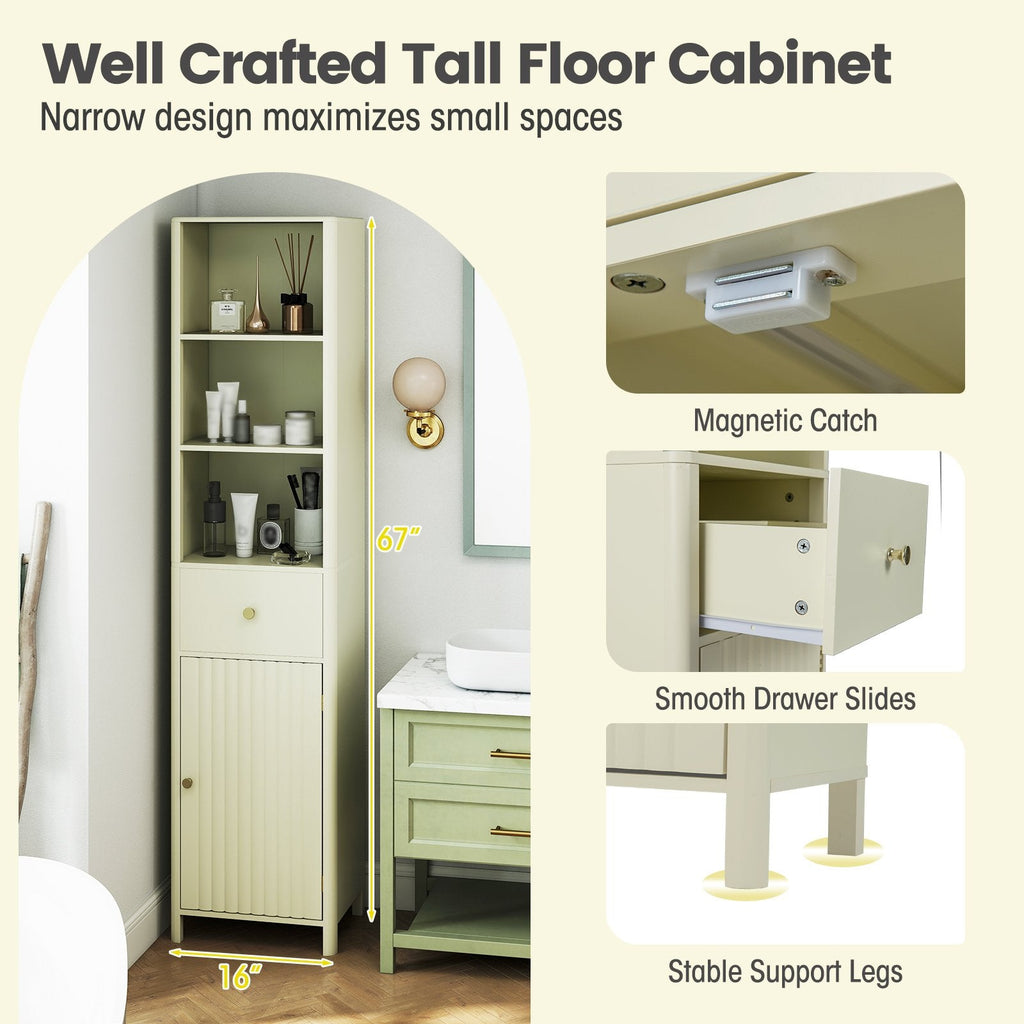 67 Inch Tall Bathroom Cabinet, Narrow Floor Cabinet with Fluted Door-Beige