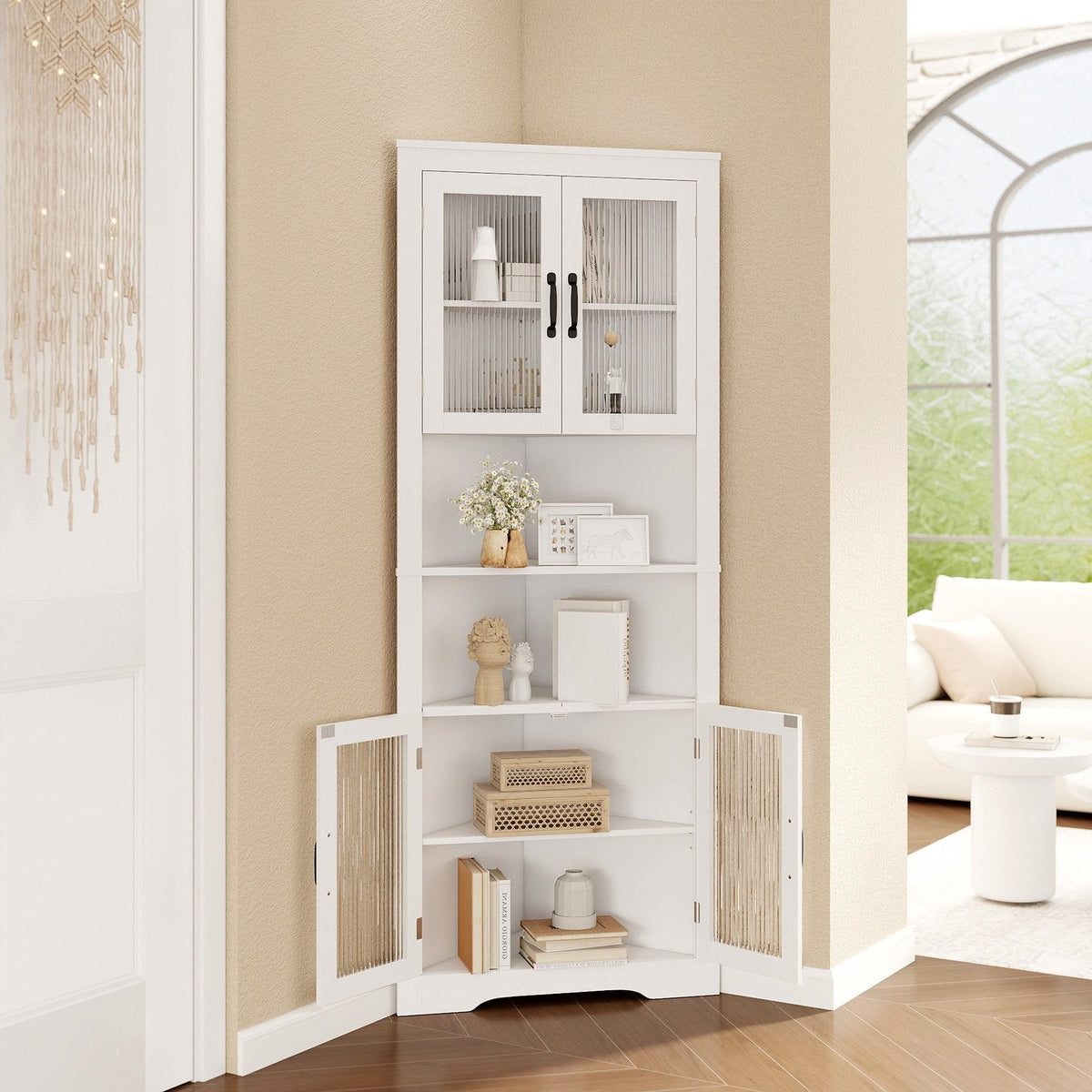 67 Inch Tall Corner Cabinet Triangular Buffet Cabinet with Tempered Glass Doors-White