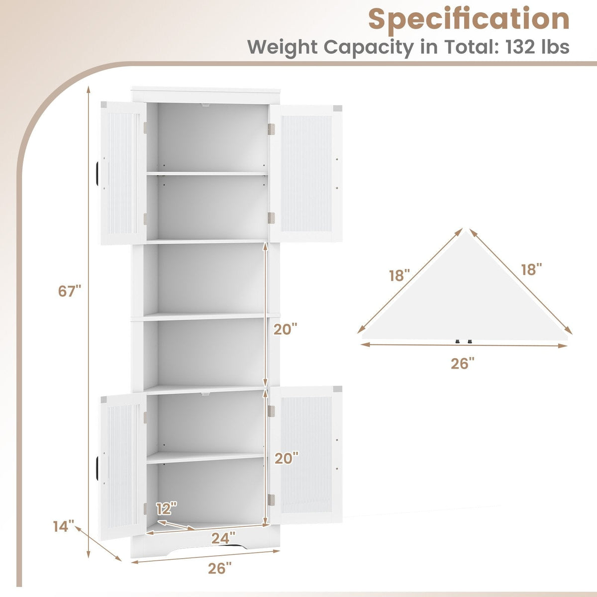 67 Inch Tall Corner Cabinet Triangular Buffet Cabinet with Tempered Glass Doors-White