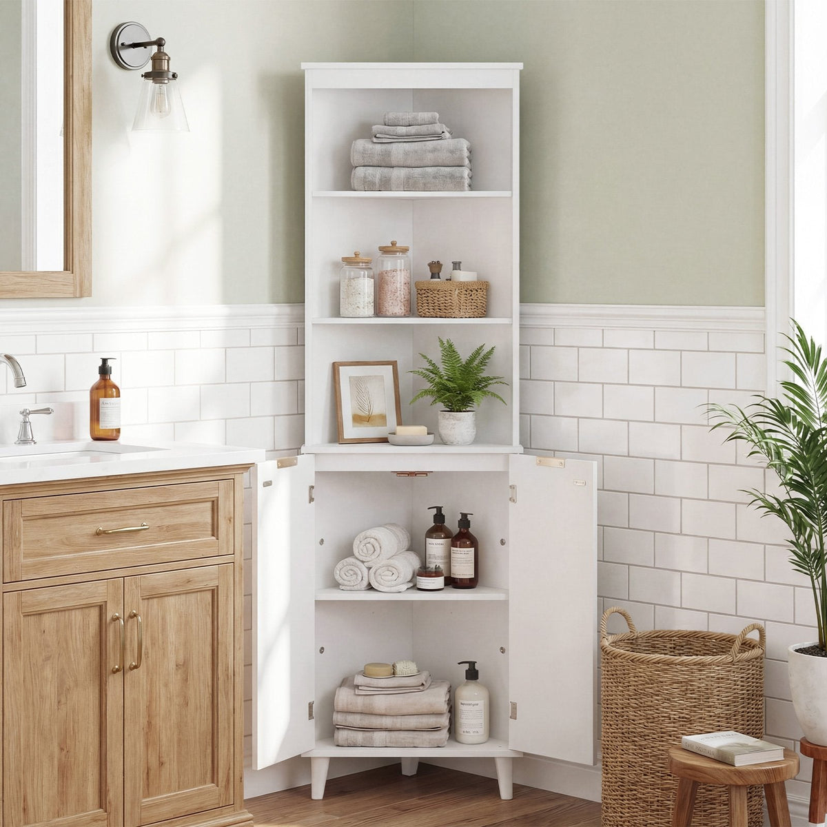 68 Inch Tall Bathroom Floor Storage Cabinet with Fluted Doors-White