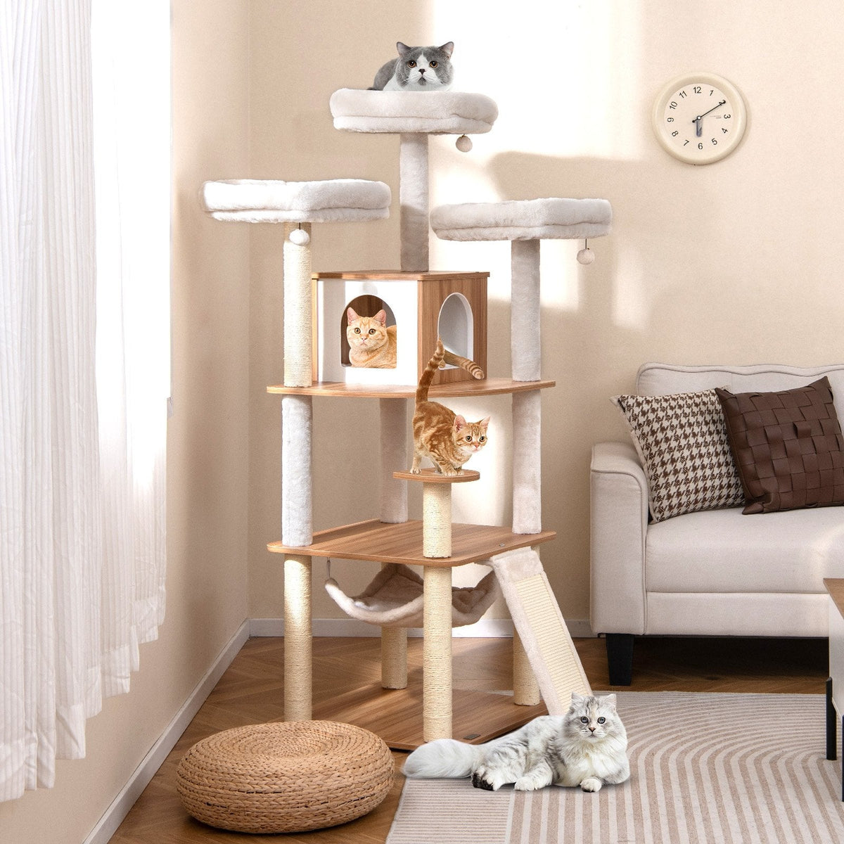68 Inch Cat Tree with Three Washable Perches, a Two Hole Condo and a Ramp