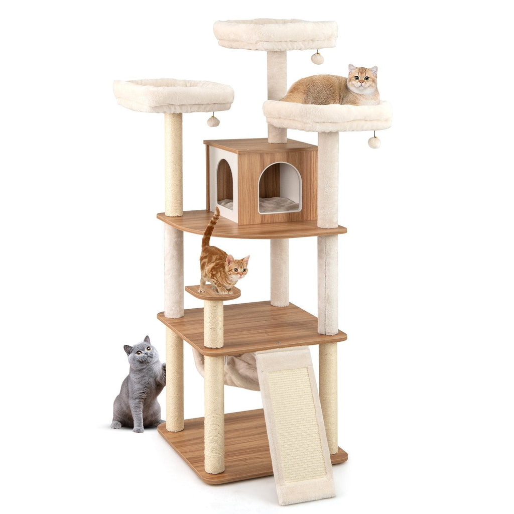 68 Inch Cat Tree with Three Washable Perches, a Two Hole Condo and a Ramp