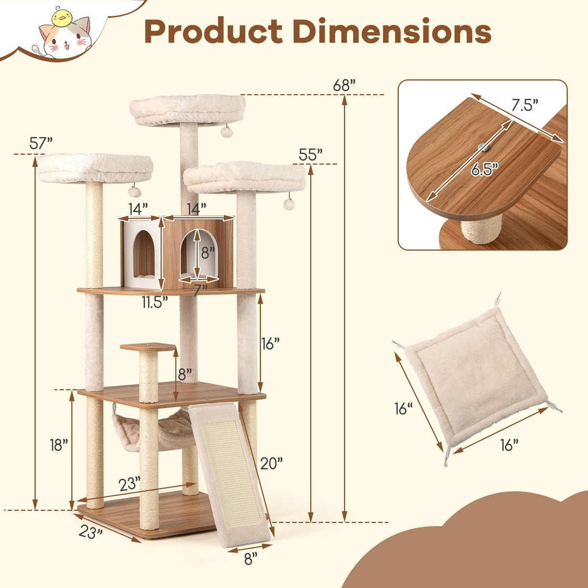 68 Inch Cat Tree with Three Washable Perches, a Two Hole Condo and a Ramp