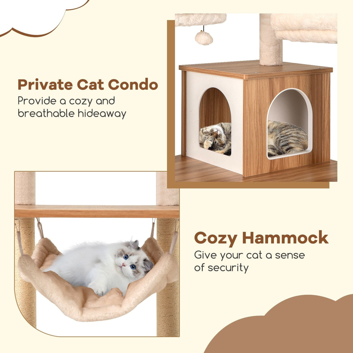 68 Inch Cat Tree with Three Washable Perches, a Two Hole Condo and a Ramp
