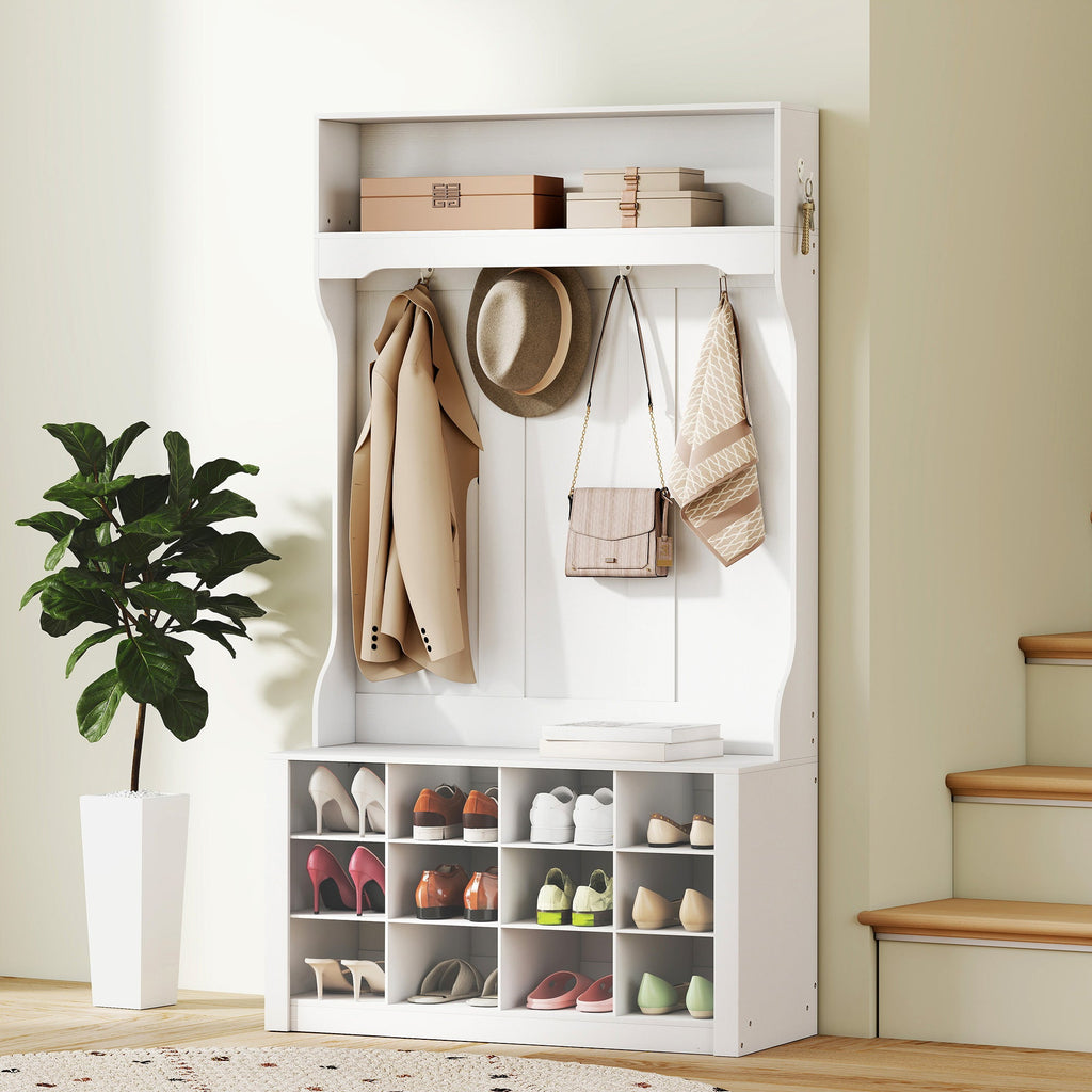 4-In-1 Hall Tree with Bench and Shoe Storage, Farmhouse Coat Rack Shoe Bench with 12 Shoe Cubbies, 6 Hooks, Dark Brown