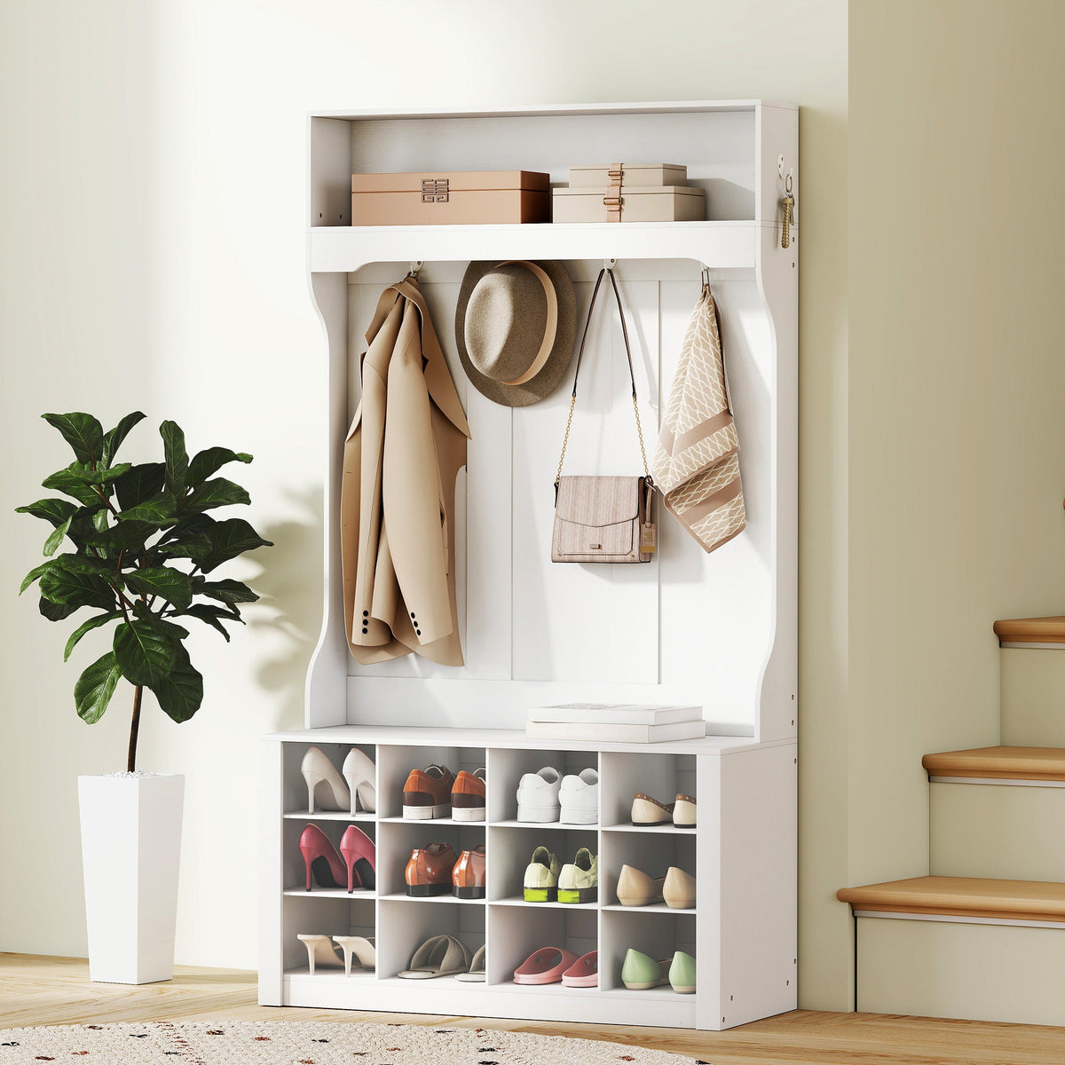 4-In-1 Hall Tree with Bench and Shoe Storage, Farmhouse Coat Rack Shoe Bench with 12 Shoe Cubbies, 6 Hooks, Dark Brown