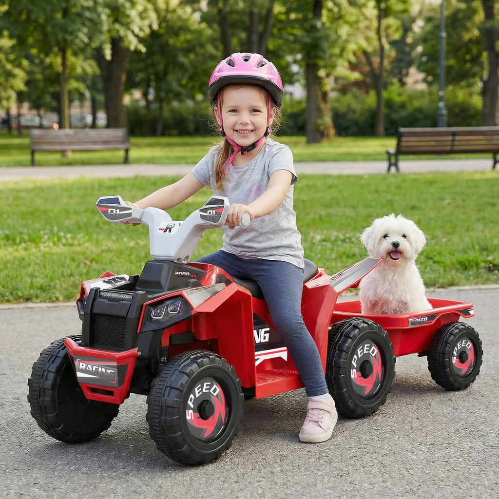 6V Kids Electric ATV Quad with Detachable Trailer and Multi Terrain Wheels, Red