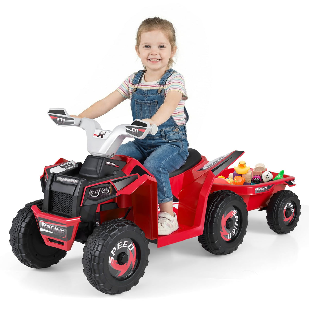 6V Kids Electric ATV Quad with Detachable Trailer and Multi Terrain Wheels, Red