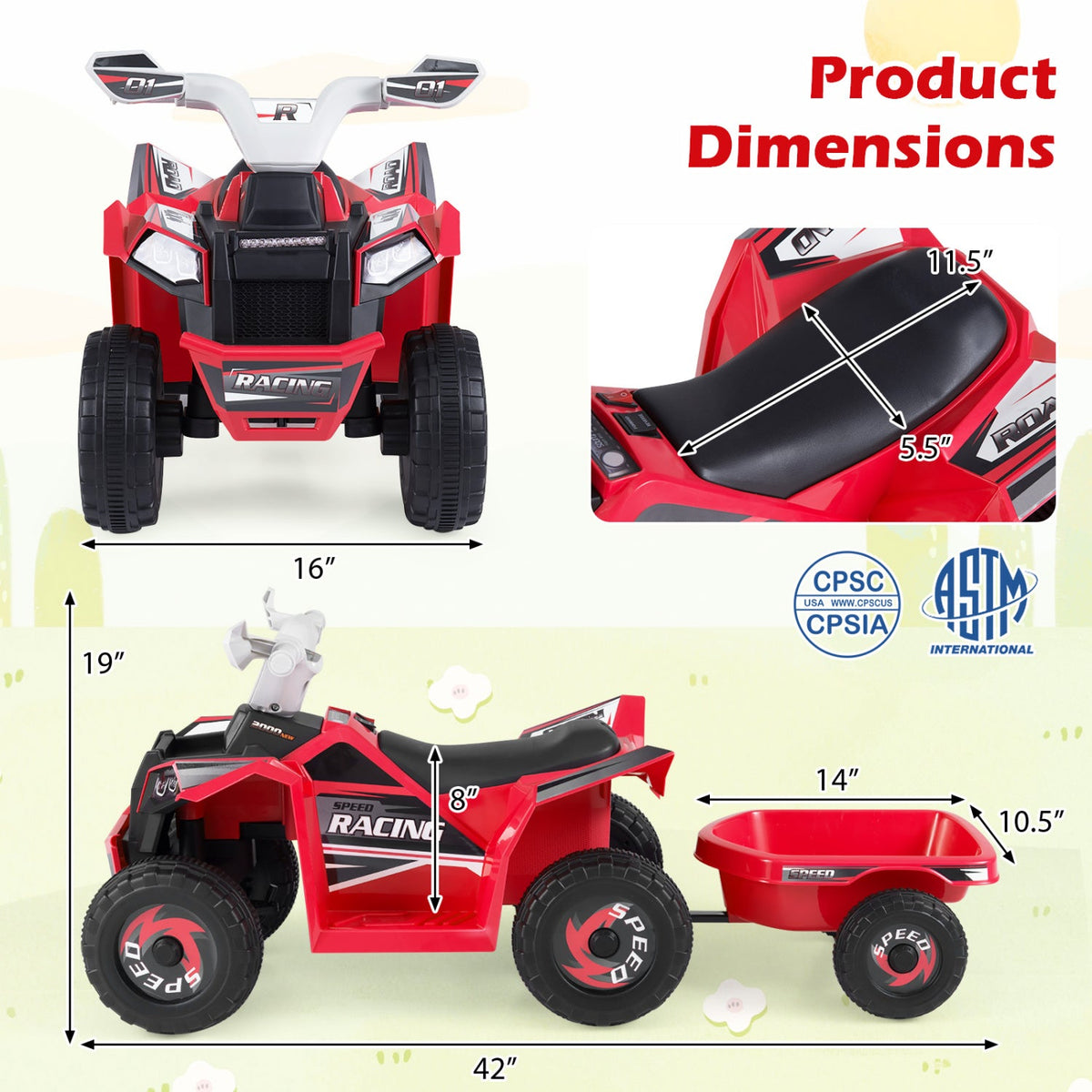 6V Kids Electric ATV Quad with Detachable Trailer and Multi Terrain Wheels, Red