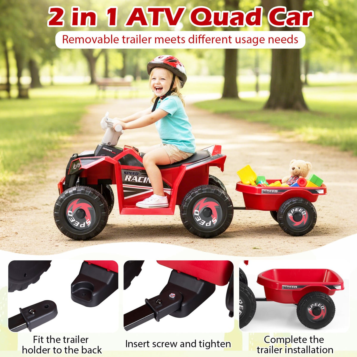 6V Kids Electric ATV Quad with Detachable Trailer and Multi Terrain Wheels, Red