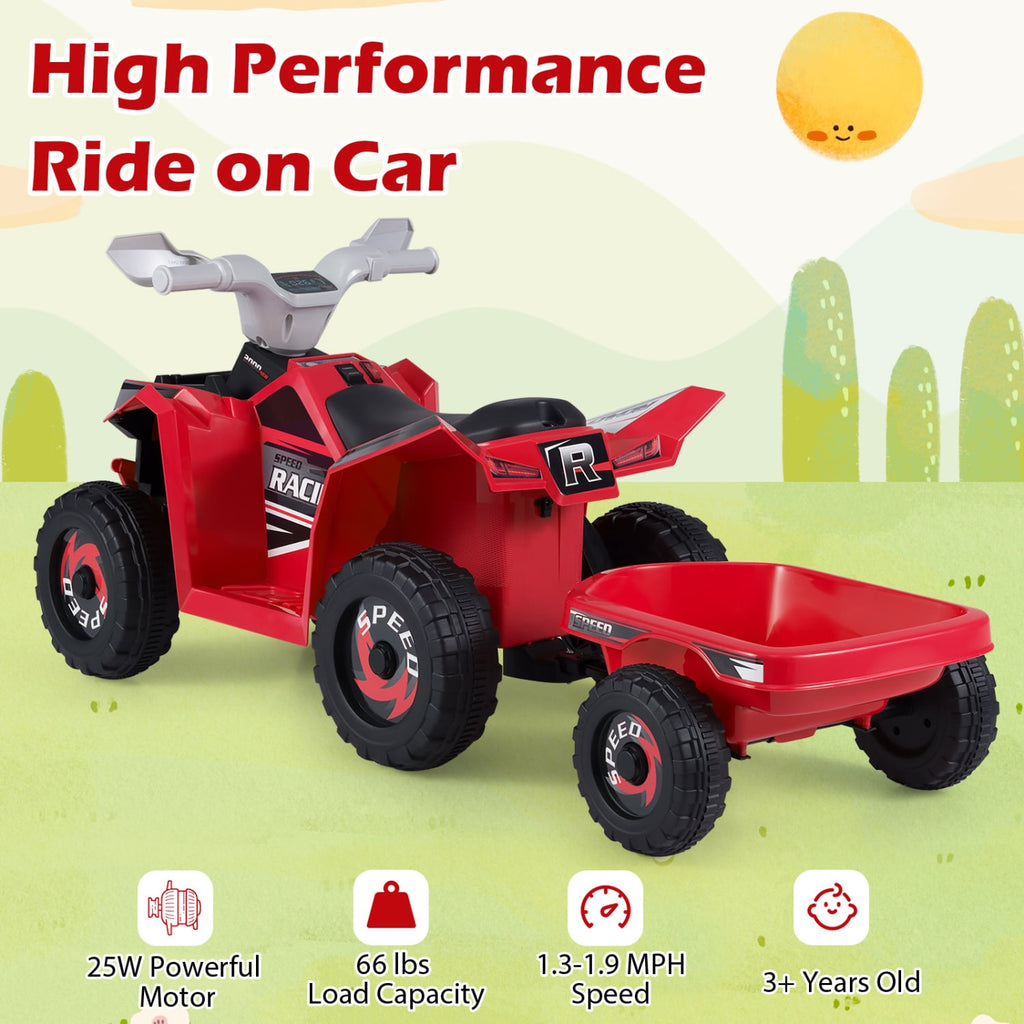 6V Kids Electric ATV Quad with Detachable Trailer and Multi Terrain Wheels, Red