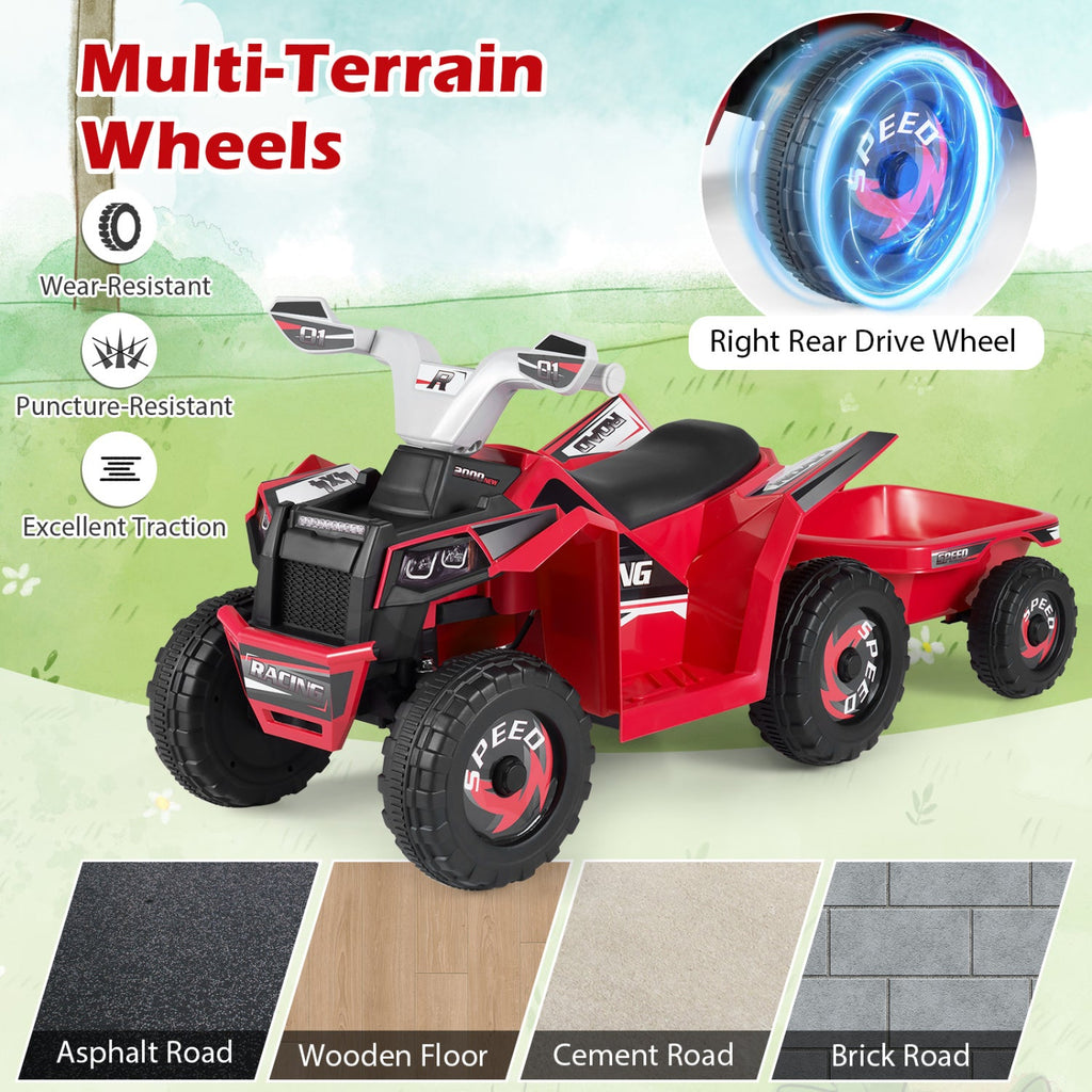 6V Kids Electric ATV Quad with Detachable Trailer and Multi Terrain Wheels, Red