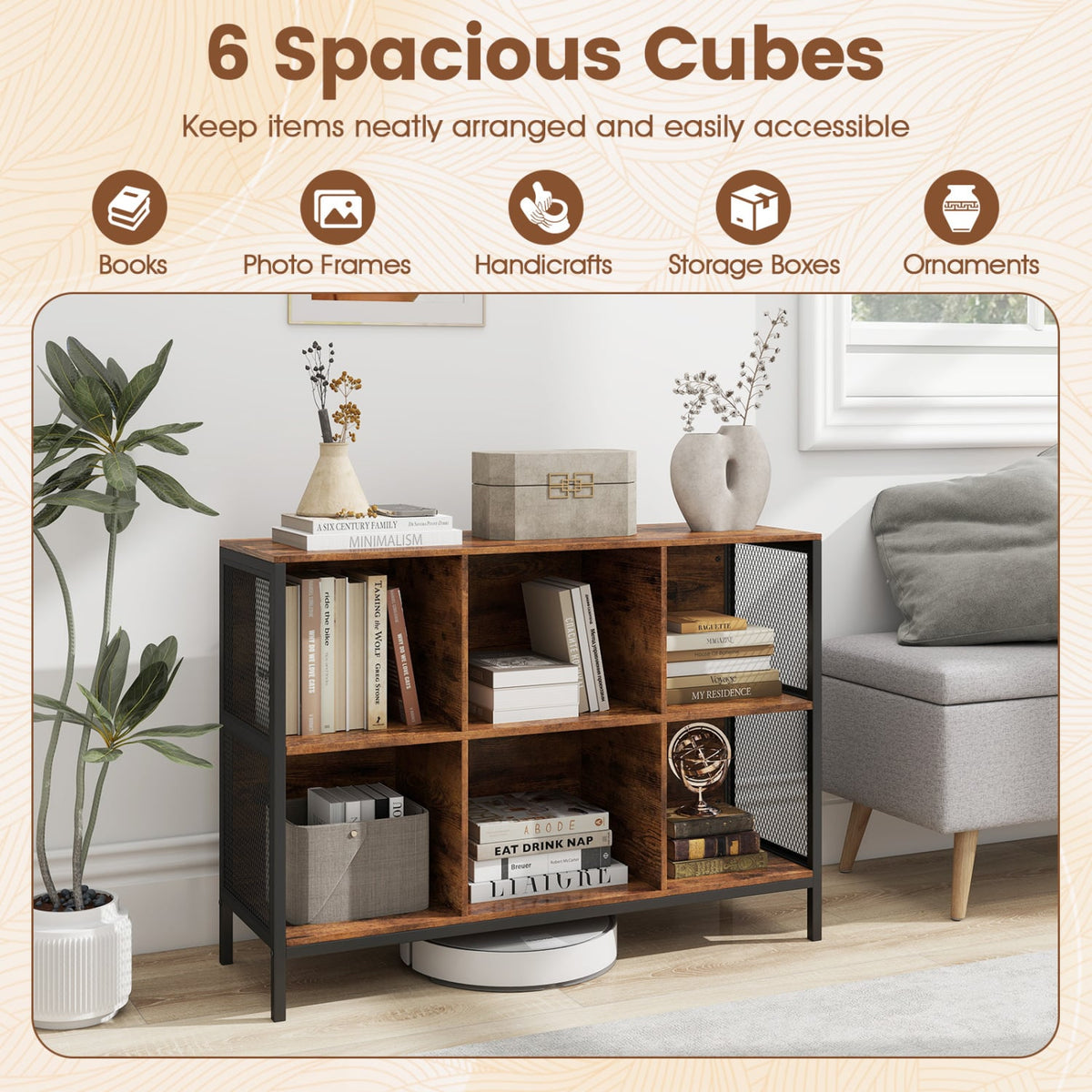 6 Cube Bookcase 42 inches Wide Horizontal Bookshelf with Accent Cubby Shelf-Rustic Brown