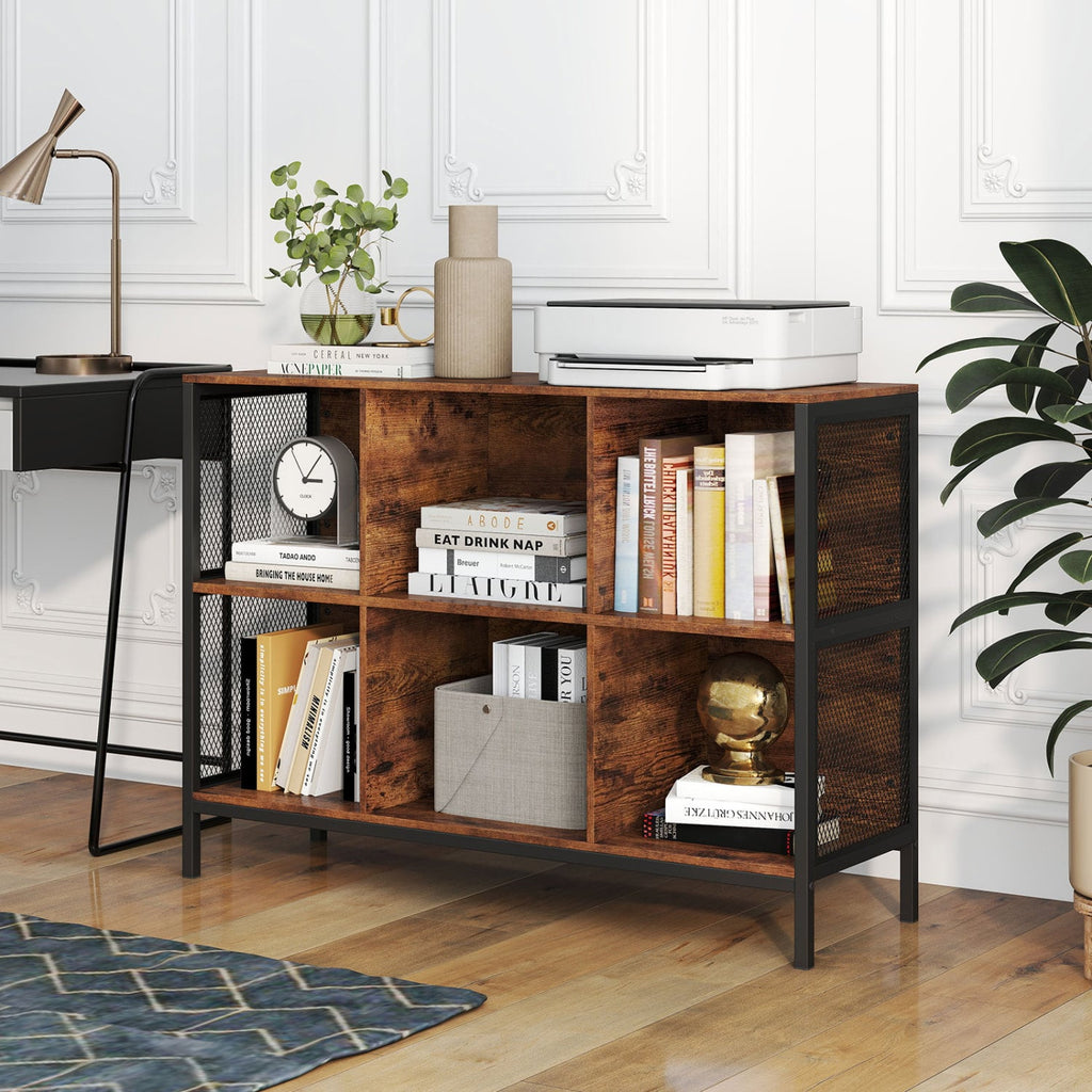 6 Cube Bookcase 42 inches Wide Horizontal Bookshelf with Accent Cubby Shelf-Rustic Brown
