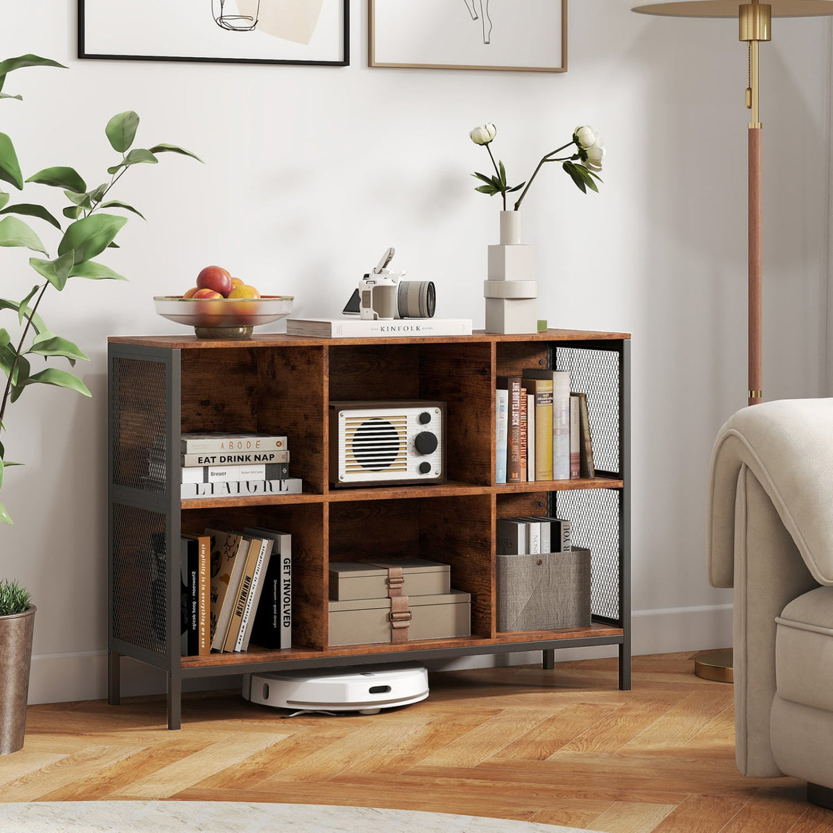 6 Cube Bookcase 42 inches Wide Horizontal Bookshelf with Accent Cubby Shelf-Rustic Brown