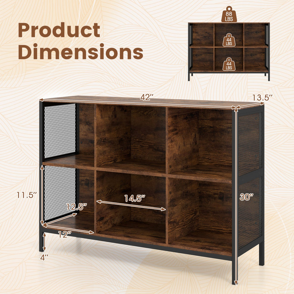 6 Cube Bookcase 42 inches Wide Horizontal Bookshelf with Accent Cubby Shelf-Rustic Brown