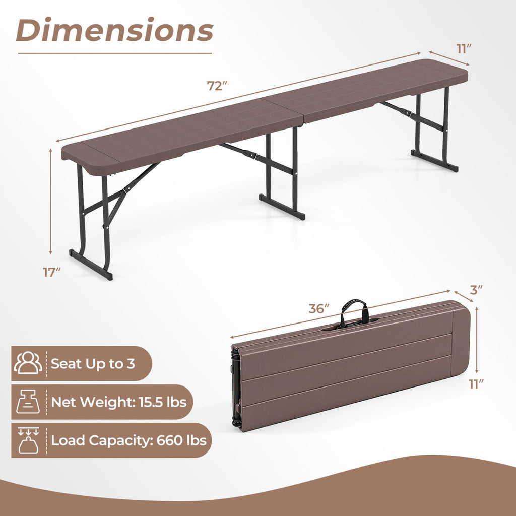 6 Feet Plastic Folding Bench Picnic Camping Dining Seat with Carrying Handle-coffee