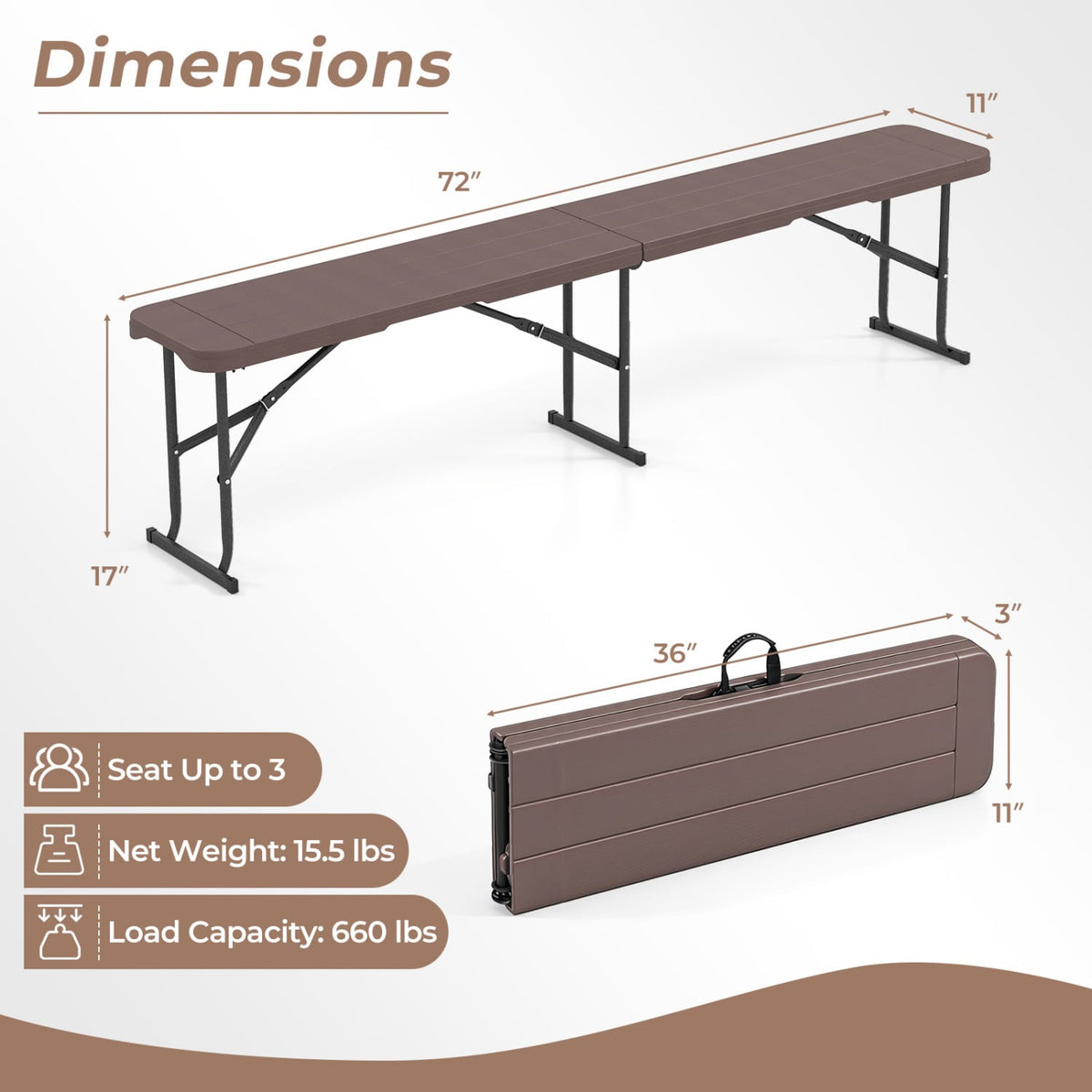 6 Feet Plastic Folding Bench Picnic Camping Dining Seat with Carrying Handle-coffee