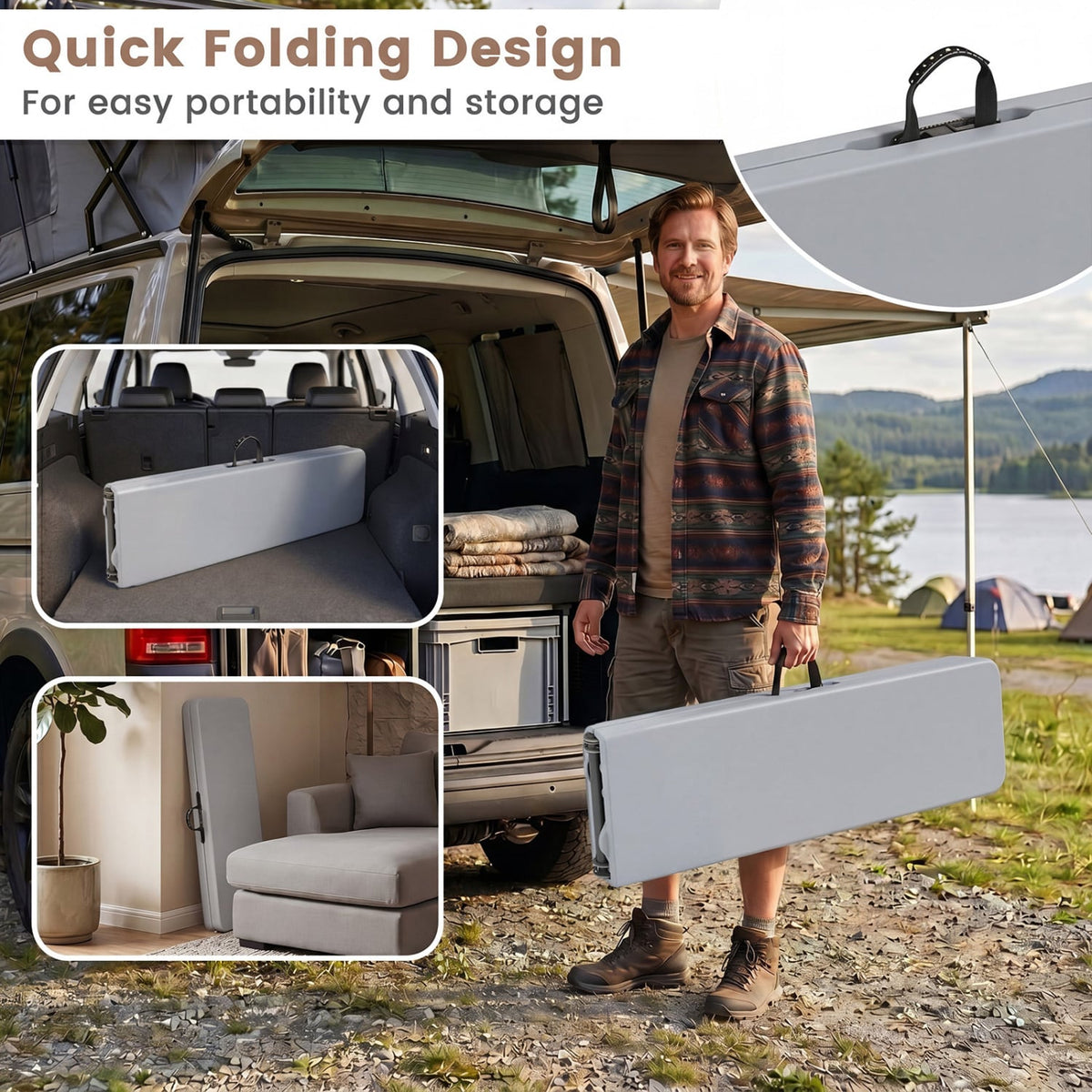 6 Feet Plastic Folding Bench Picnic Camping Dining Seat with Carrying Handle-Light Gray